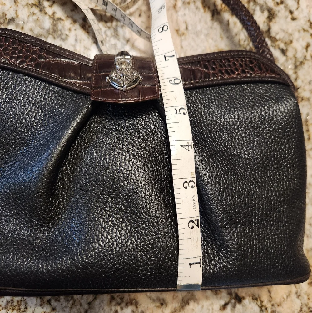 BRIGHTON Purse Vintage black & brown leather shoulder bag w/ Croc pattern, EUC